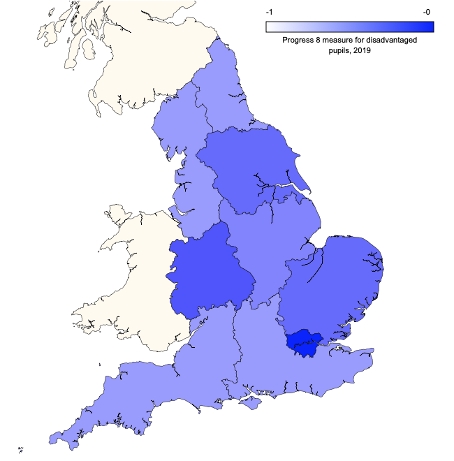 Regional map of England of 2023 Progress 8 measure for disadvantaged pupils in 2019