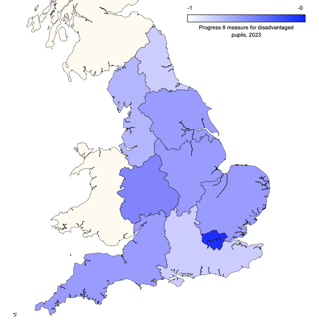 Regional map of England of 2023 Progress 8 measure for disadvantaged pupils in 2023