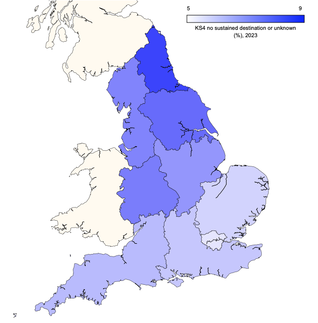 Regional map of England showing proportions of Key Stage 4 students with no known educational or employment destination