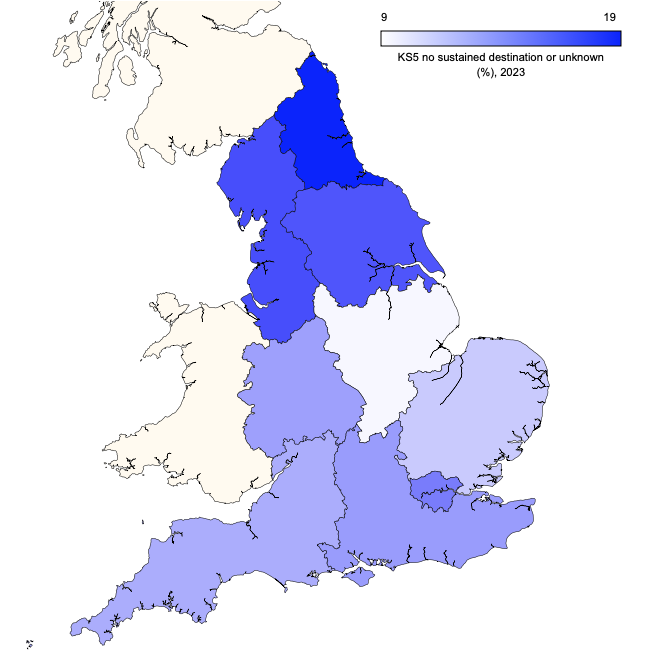 Regional map of England showing proportions of Key Stage 5 students with no known educational or employment destination