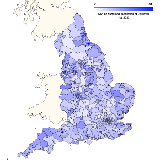 Constituency map showing proportions of Key Stage 4 students with no known educational or employment destination