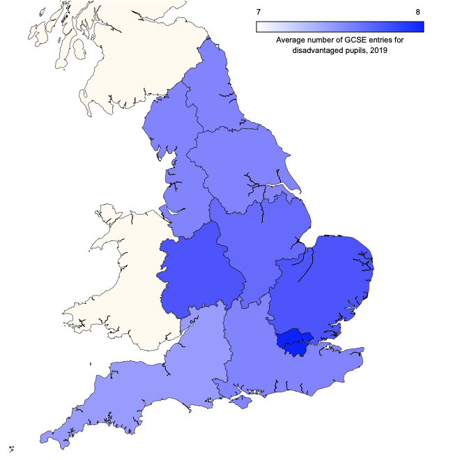 Regional map of England showing average number of GCSE entries for disadvantaged pupils in 2019