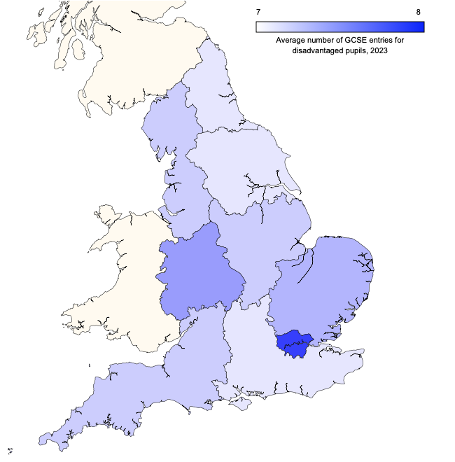 Regional map of England showing average number of GCSE entries for disadvantaged pupils in 2023