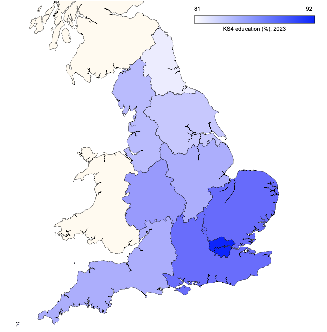 Regional map of England showing the proportions of pupils obtaining 5 or more good GCSEs in 2023