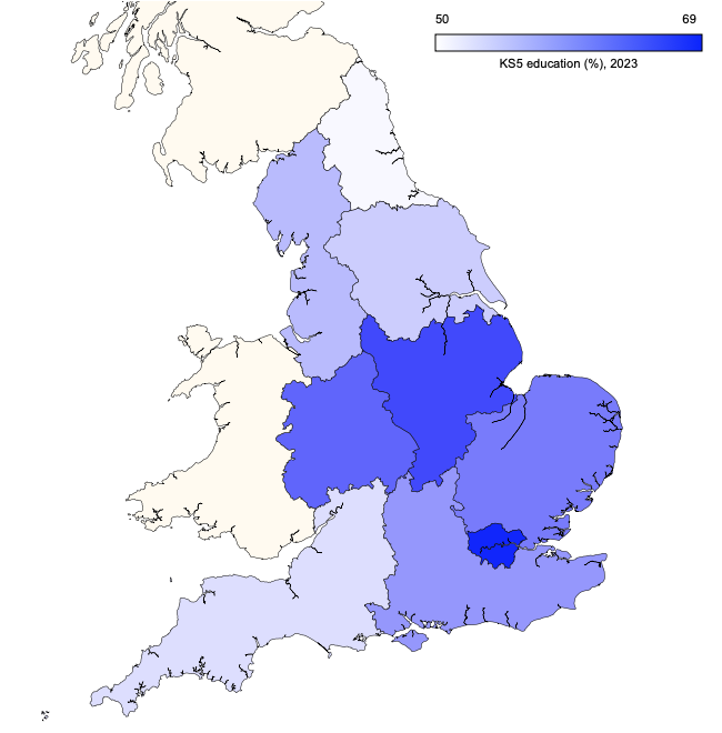 Regional map of England showing the proportions of pupils obtaining standard passes in English and maths GCSE in 2023