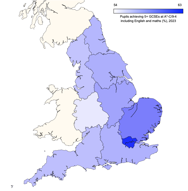 Regional map of England showing the proportions of pupils obtaining 5 or more good GCSEs in 2023