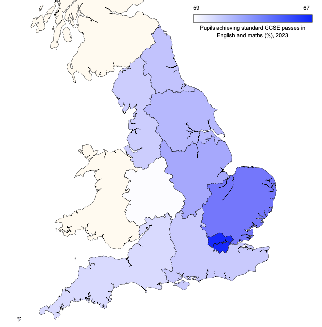Regional map of England showing the proportions of pupils obtaining standard passes in English and maths GCSE in 2023