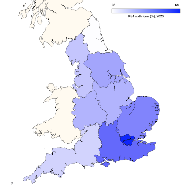 Regional map of England showing the proportions of pupils progressing to sixth form at age 16 (2023 data)