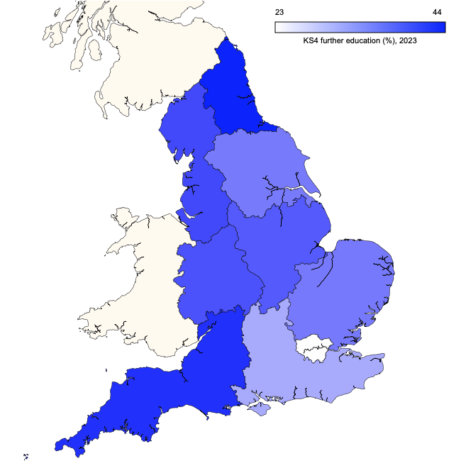 Regional map of England showing the proportions of pupils progressing to further education at age 16 (2023 data)