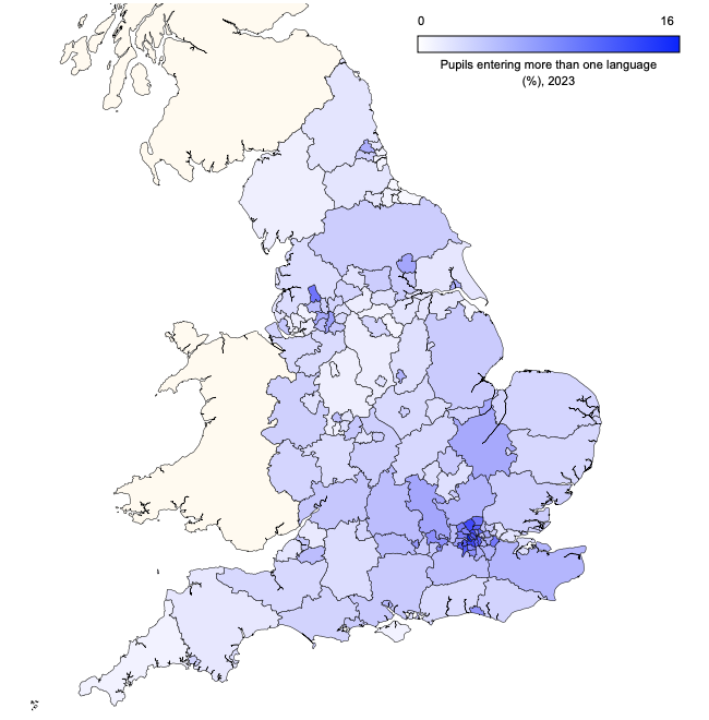 Local authority map of England showing the proportions of pupils taking more than one langage at GCSE in 2023