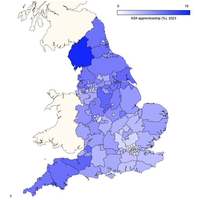 Local authority map of England showing the proportions of 16-year-olds entering apprenticeships in 2023