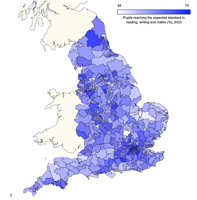 Parliamentary constituency map of England showing the proportions of 11-year-olds achieving expected standards in reading, writing and maths in 2023