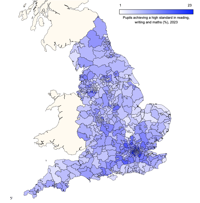 Parliamentary constituency map of England showing the proportions of 11-year-olds achieving high standards in reading, writing and maths in 2023