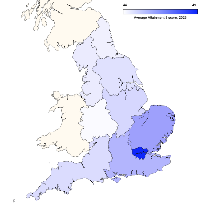 Regional map of England showing average Attainment 8 scores in 2023