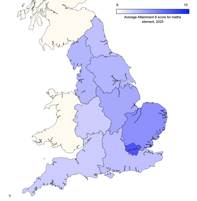 Regional map of England showing average Attainment 8 scores for maths element in 2023