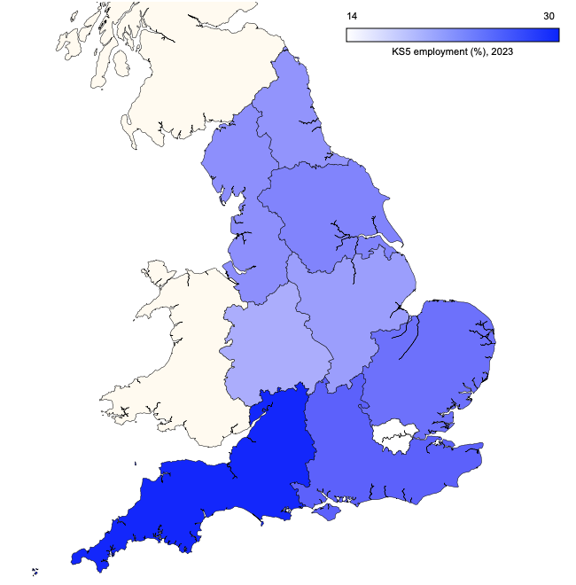 Regional map of KS5 employment destinations in 2023