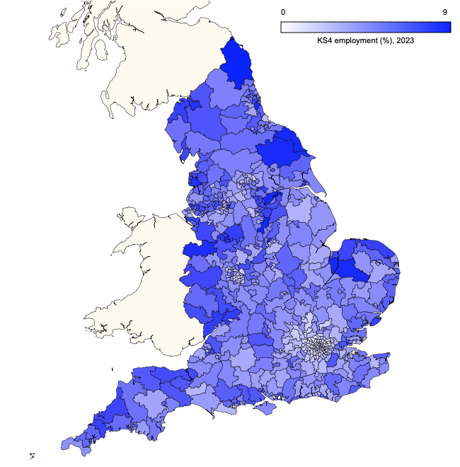 Parliamentary constituency map of England showing KS4 employment destinations in 2023