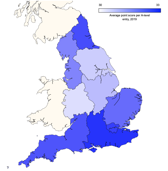 Regional map of average point score per A-level entry in 2019