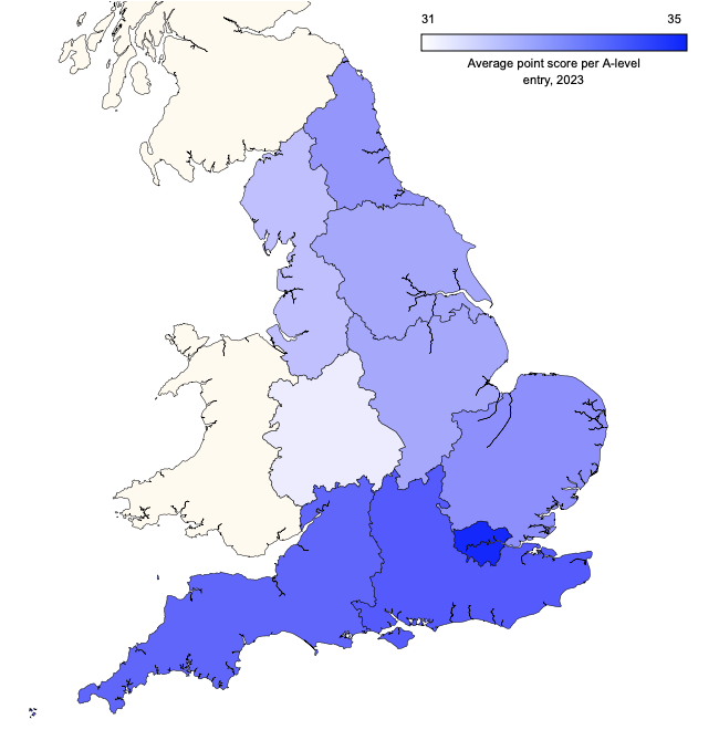 Regional map of average point score per A-level entry in 2019
