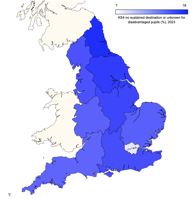 Regional map of disadvantaged pupils in KS4 with no known educational or employment destination in 2023