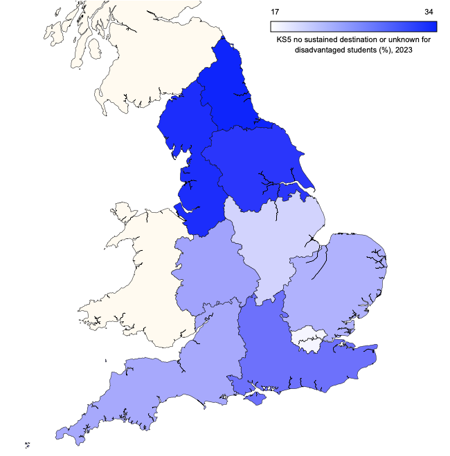 Regional map of disadvantaged pupils in KS5 with no known educational or employment destination in 2023
