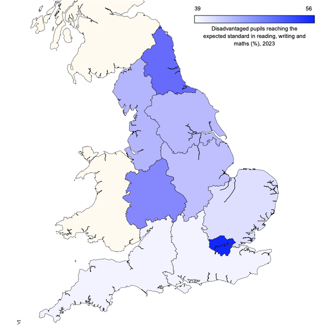 Regional map of disadvantaged pupils in KS2 reaching expected standards in reading, writing and maths