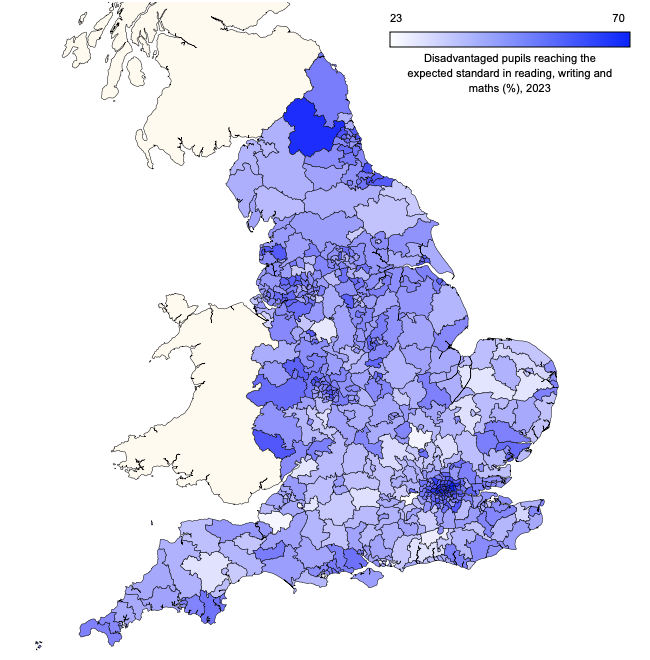 Constituency map of disadvantaged pupils in KS2 reaching expected standards in reading, writing and maths