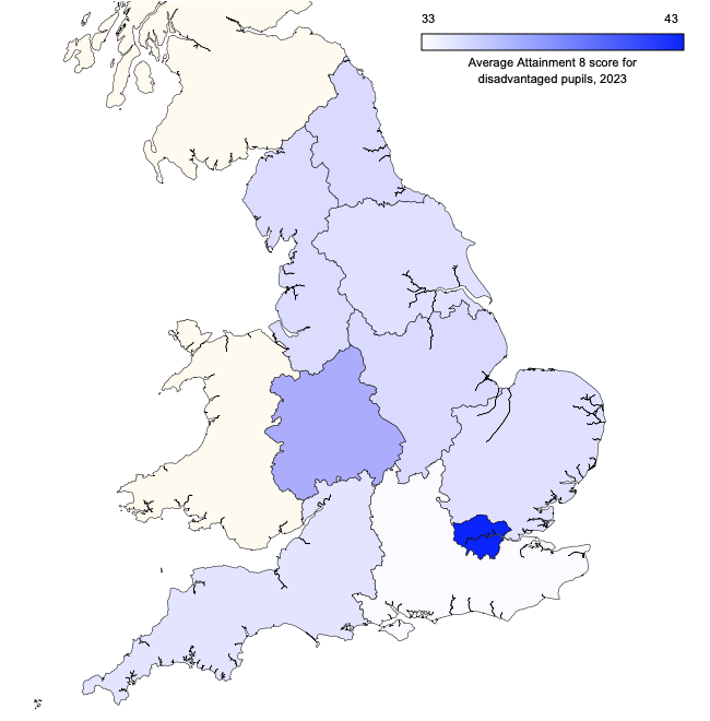 Regional map of average Attainment 8 score for disadvantaged pupils