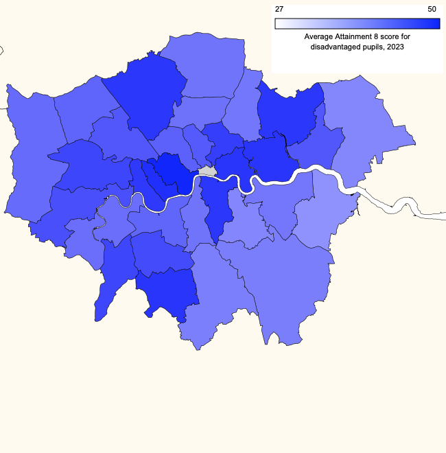 Constituency map of average Attainment 8 score for disadvantaged pupils