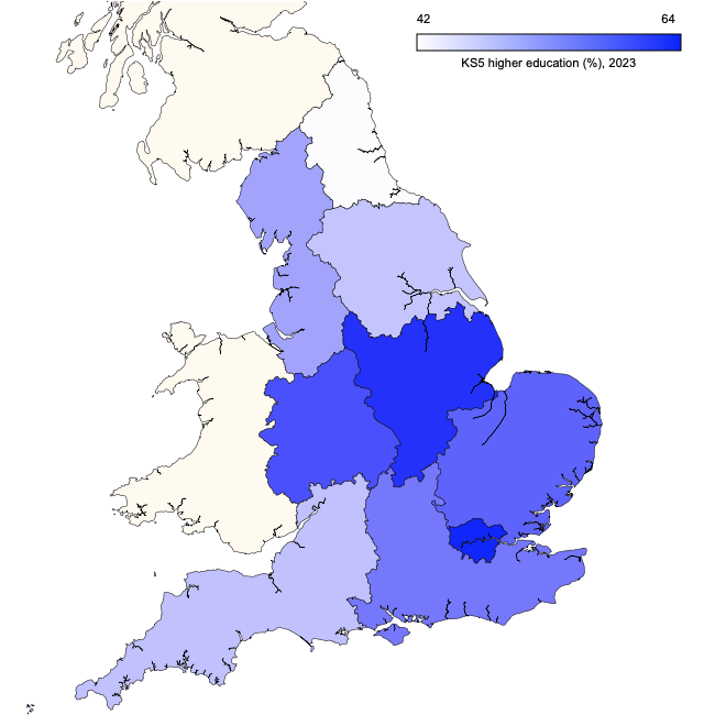 Regional map showing proportion of Key Stage 5 students going on to higher education