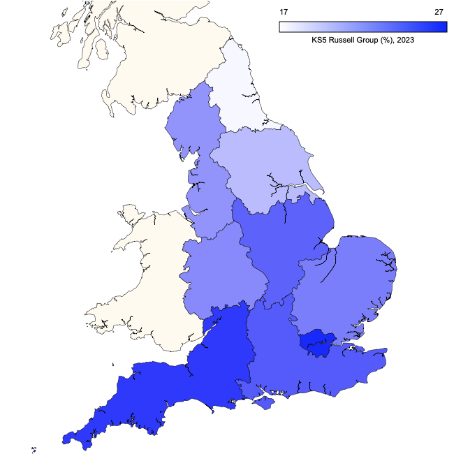 Regional map showing proportion of Key Stage 5 students going on to Russell Group universities