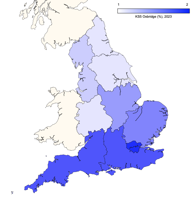 Regional map showing proportion of Key Stage 5 students going on to Oxford or Cambridge universities