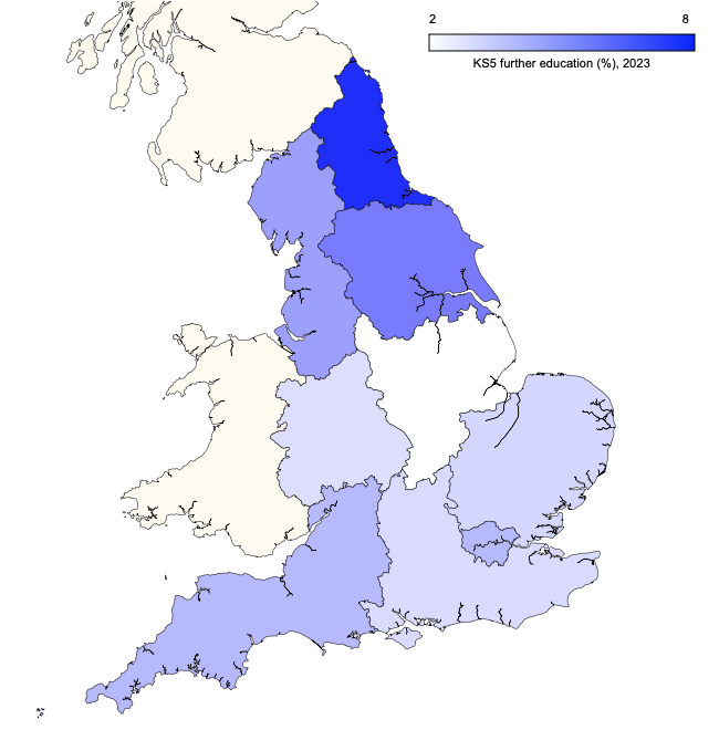 Regional map showing proportion of Key Stage 5 students going on to further education