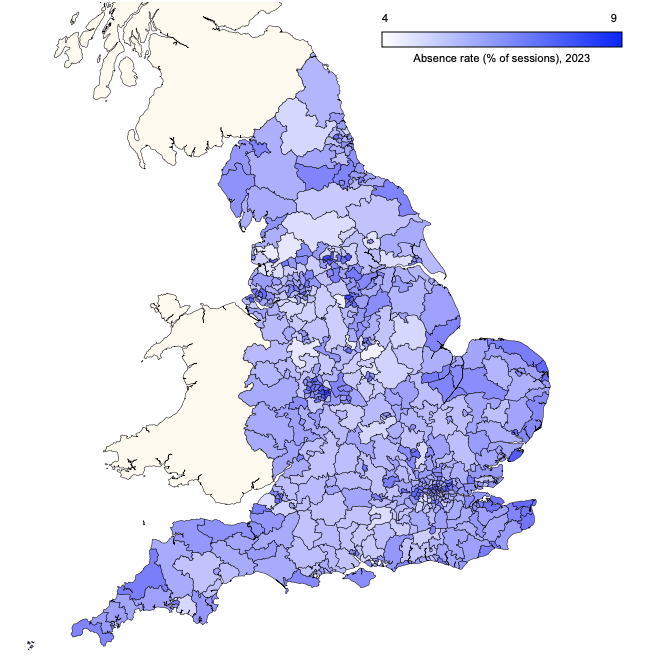 Regional map showing pupil absence rate in primary schools