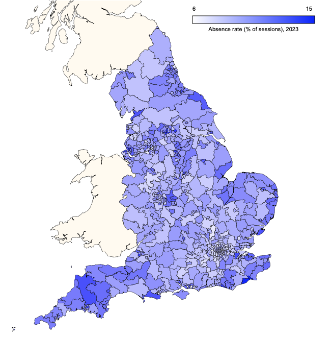 Regional map showing pupil absence rate in secondary schools